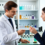 A male and a female professional, both fully clothed in modest business attire, are standing at a modern, clean workstation in a perfumery lab. They are engaged in a shared sensory experience, carefully examining different perfume notes from small, clear glass vials. Their hands are well-formed with proper finger count, naturally holding the vials and testing strips. The background features blurred shelves of neatly organized fragrance bottles and laboratory equipment, conveying a professional and sophisticated atmosphere. The lighting is soft and even, highlighting their focused and engaged expressions. Perfect anatomy, correct proportions, natural pose, natural body proportions. Professional photography, high quality, safe for work, appropriate content, fully clothed, family-friendly.