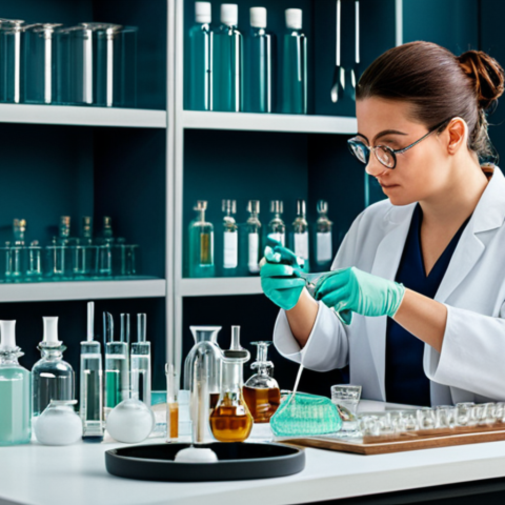 Perfumer at Work**

A perfumer in a bright, clean workshop, surrounded by glass bottles, pipettes, and fragrant ingredients. She is carefully measuring liquids. The scene should evoke a sense of creativity and precision. Fully clothed, modest attire, appropriate content, safe for work, perfect anatomy, natural proportions, professional, high resolution, detailed lighting.

**
