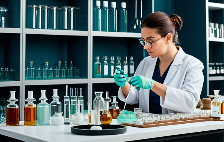 Perfumer at Work**
A perfumer in a bright, clean workshop, surrounded by glass bottles, pipettes, and fragrant ingredients. She is carefully measuring liquids. The scene should evoke a sense of creativity and precision. Fully clothed, modest attire, appropriate content, safe for work, perfect anatomy, natural proportions, professional, high resolution, detailed lighting.
**