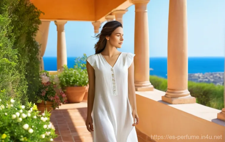 여름과 겨울을 위한 향수 - Mediterranean Serenity: Spring/Summer Freshness**
A young woman, elegantly dressed in a light, flow...