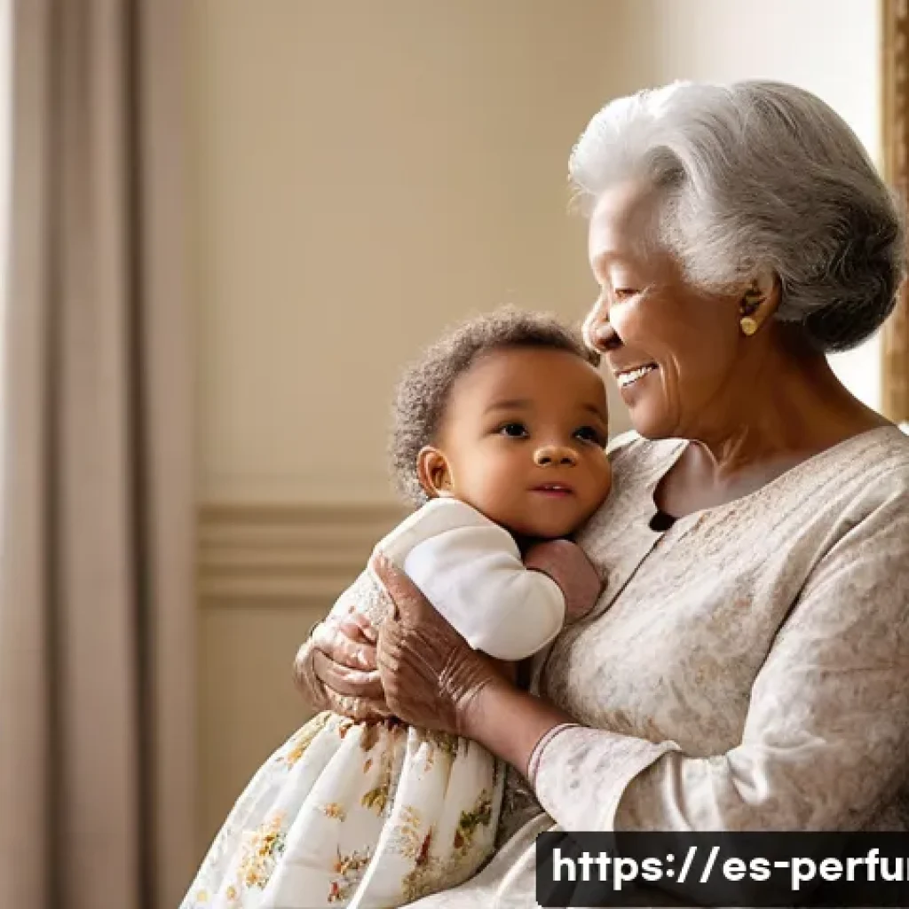향수의 감성적 경험 - **Prompt:** A heartwarming scene featuring a diverse grandmother gently embracing her toddler grandc...