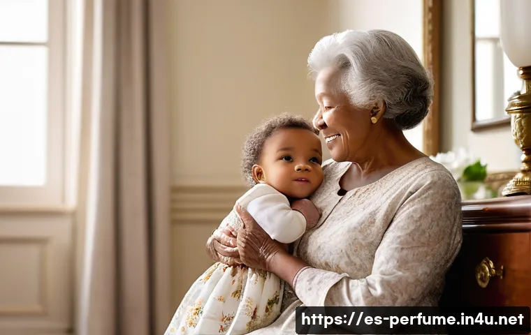 향수의 감성적 경험 - **Prompt:** A heartwarming scene featuring a diverse grandmother gently embracing her toddler grandc...
