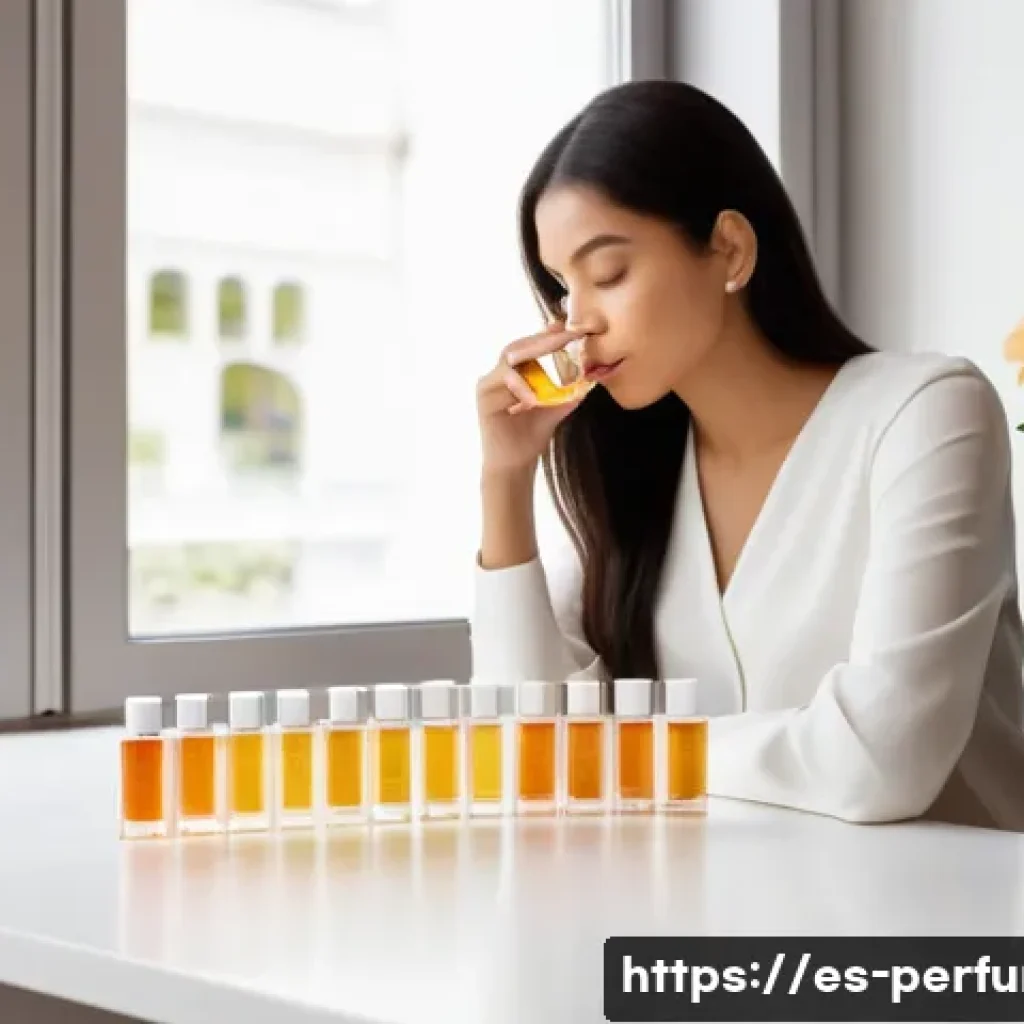 향수의 시향지 활용법 - A serene and elegant perfume testing scene in a bright, modern boutique designed for Spanish-speakin...