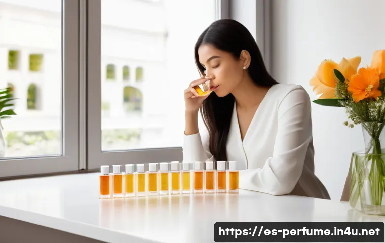 향수의 시향지 활용법 - A serene and elegant perfume testing scene in a bright, modern boutique designed for Spanish-speakin...