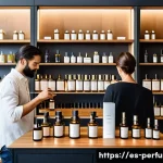 개인 맞춤형 향수 제작 - A sophisticated perfumery workshop scene in a modern boutique in Barcelona, Spain, showing a diverse...