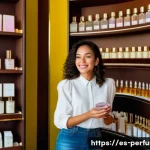 향수 향기의 강도 - A sophisticated perfume boutique interior in a vibrant Latin American city, with warm natural light ...