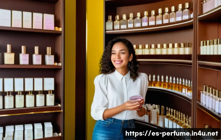 향수 향기의 강도 - A sophisticated perfume boutique interior in a vibrant Latin American city, with warm natural light ...