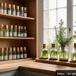 향수 트렌드 2025 - A serene, sunlit artisanal perfume workshop featuring a female perfumer carefully blending natural w...