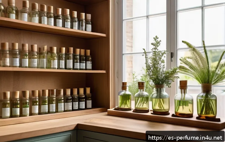 향수 트렌드 2025 - A serene, sunlit artisanal perfume workshop featuring a female perfumer carefully blending natural w...