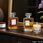 향수의 전문가 분석 - A sophisticated perfume bottle display set on a dark wooden vanity in a softly lit room, surrounded ...