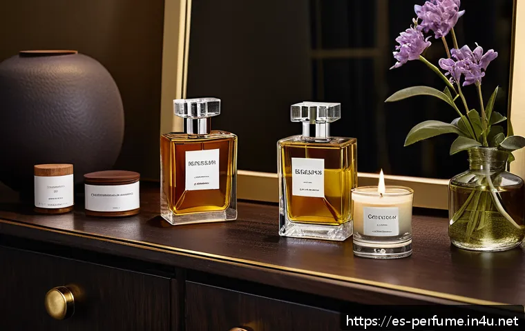 향수의 전문가 분석 - A sophisticated perfume bottle display set on a dark wooden vanity in a softly lit room, surrounded ...