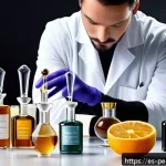 향수의 향기 노트 변화 - A sophisticated perfume laboratory scene showcasing a skilled perfumer blending high-quality essenti...