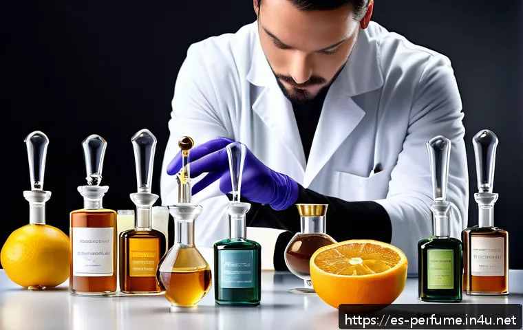 향수의 향기 노트 변화 - A sophisticated perfume laboratory scene showcasing a skilled perfumer blending high-quality essenti...