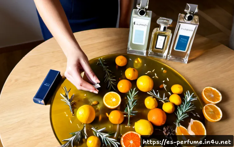 Home 17 향수 패턴 분석 - Photorealistic overhead scene of a perfume pattern analysis workspace in a sunlit Madrid apartment, ...