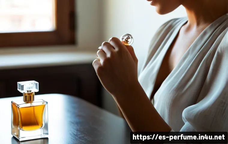 향수의 활용법 - Photorealistic close-up of a stylish Spanish woman in a sunlit Madrid apartment applying perfume lig...