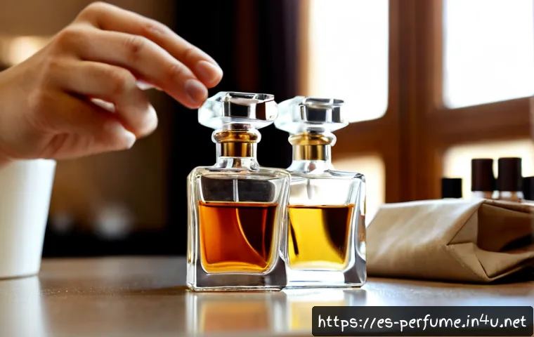 향수의 미니어처 구매법 - Photorealistic close-up of a shopper’s hands comparing two tiny miniature perfume bottles on a clean...