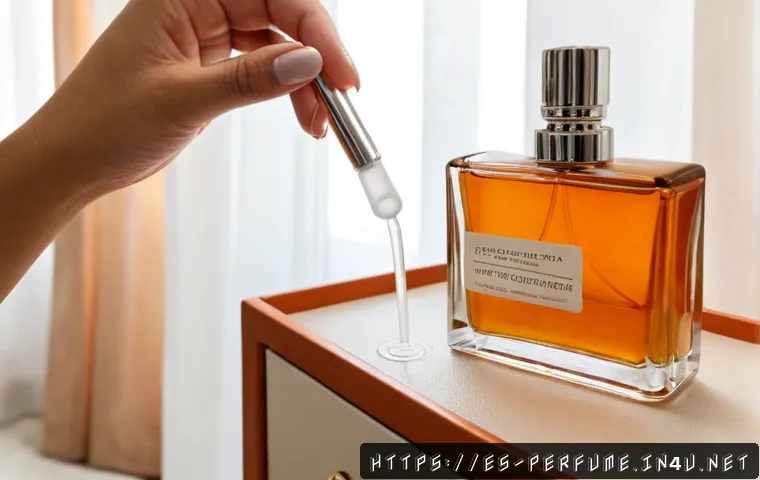 향수의 신뢰도 체크법 - Photorealistic close-up of a Spanish consumer verifying a perfume bottle’s authenticity at a clean h...